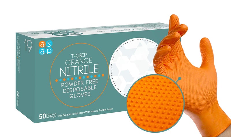 ASAP T-grip Orange Nitrile Gloves Disposable Latex Free - 8 Mil, Raised Textured Grip Powder Free, Mechanic Gloves Food Safe Safety gloves - Heavy Duty Rubber (Large, 50 Count) - Image 1